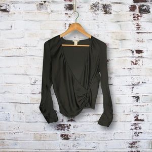 Black Silky Faux Wrap Blouse